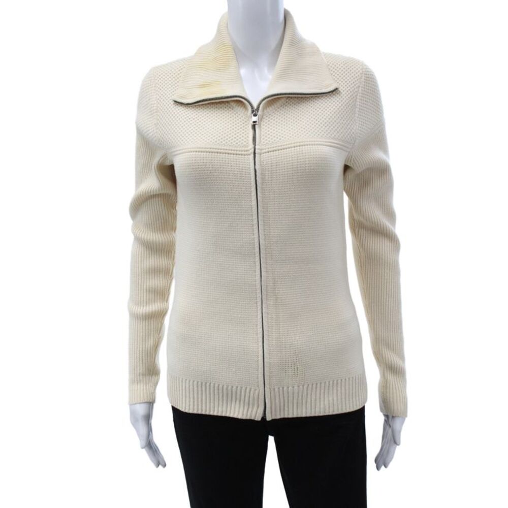 Aether Women Collared Ivory Merino Wool Cardigan Long Sleeve Size S